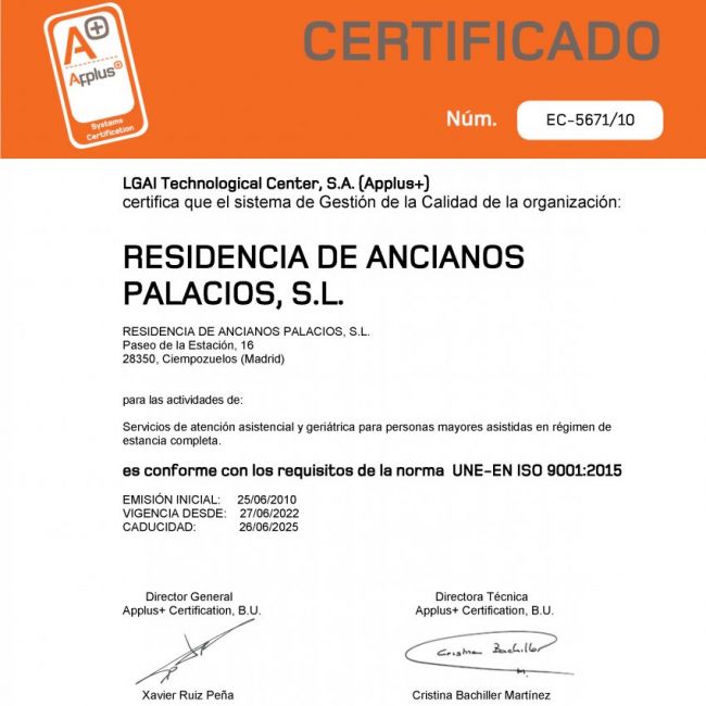 9001, cast   RESIDENCIA DE ANCIANOS PALACIOS signed
